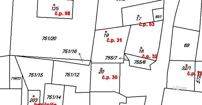 Dlouhá Lhota 31 na parcele st. 19 v KÚ Dlouhá Lhota u Dobříše, Katastrální mapa