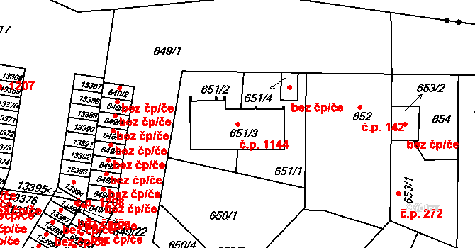 Lobzy 1144, Plzeň na parcele st. 651/3 v KÚ Božkov, Katastrální mapa