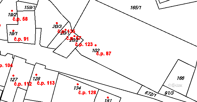 Valeč 87 na parcele st. 102 v KÚ Valeč u Hrotovic, Katastrální mapa