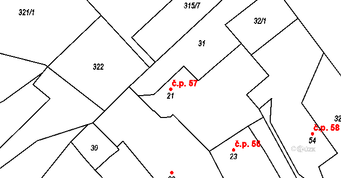 Šašovice 57, Želetava na parcele st. 21 v KÚ Šašovice, Katastrální mapa