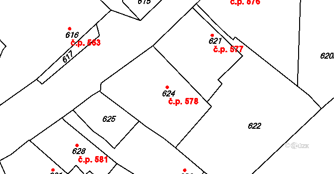 Jemnice 578 na parcele st. 624 v KÚ Jemnice, Katastrální mapa