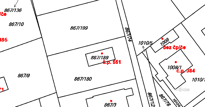 Hřebeč 551 na parcele st. 867/189 v KÚ Hřebeč, Katastrální mapa