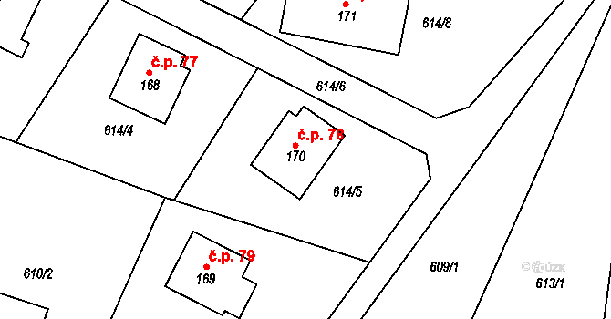 Teplýšovice 78 na parcele st. 170 v KÚ Teplýšovice, Katastrální mapa