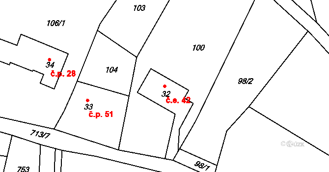 Proruby 42 na parcele st. 32 v KÚ Proruby u Potštejna, Katastrální mapa
