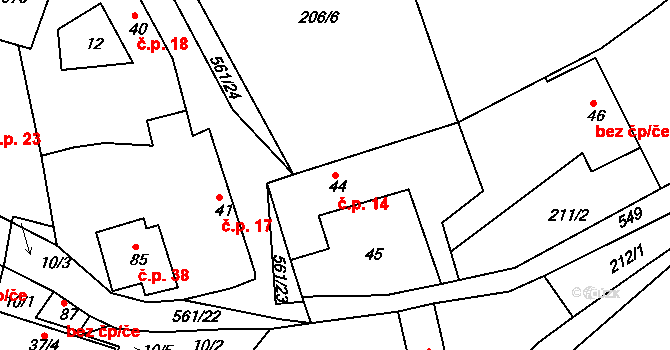 Mirošov 14, Valašské Klobouky na parcele st. 44 v KÚ Mirošov u Valašských Klobouk, Katastrální mapa