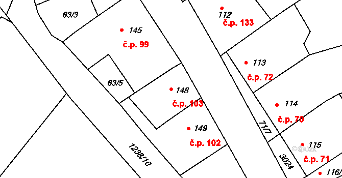 Topolany 103 na parcele st. 148 v KÚ Topolany u Vyškova, Katastrální mapa