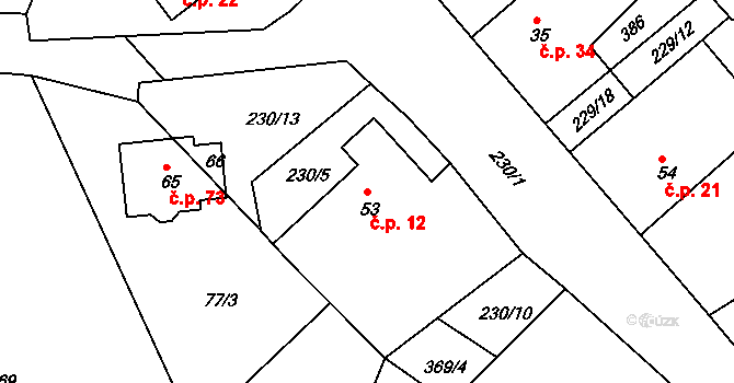 Hošťalovice 12 na parcele st. 53 v KÚ Hošťalovice, Katastrální mapa