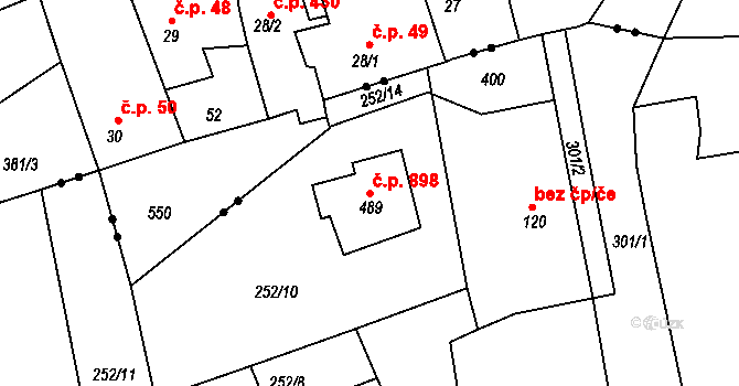 Rudná 898 na parcele st. 489 v KÚ Hořelice, Katastrální mapa