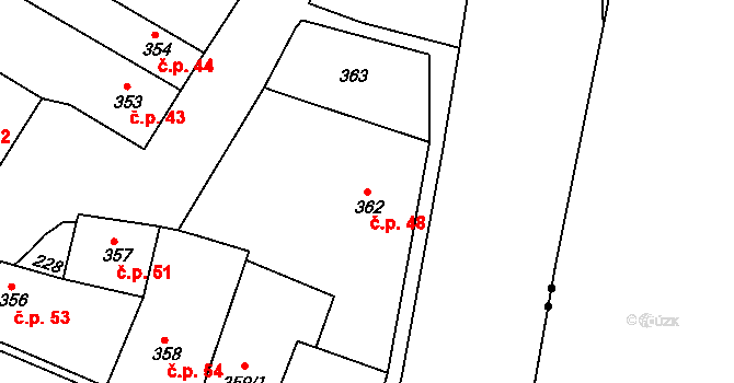 Poříčí 48, Broumov na parcele st. 362 v KÚ Broumov, Katastrální mapa