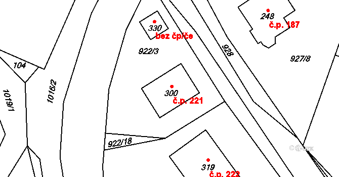 Rynárec 221 na parcele st. 300 v KÚ Rynárec, Katastrální mapa
