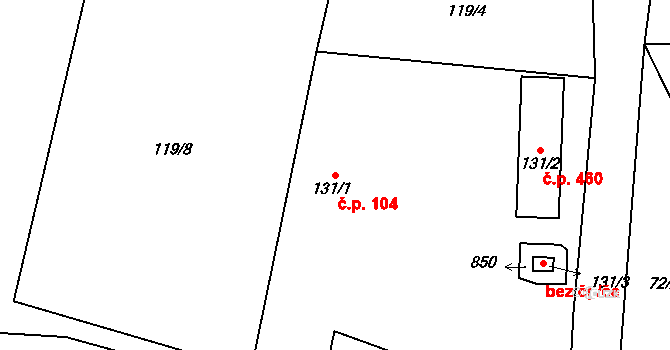 Tuchoměřice 104 na parcele st. 131/1 v KÚ Tuchoměřice, Katastrální mapa