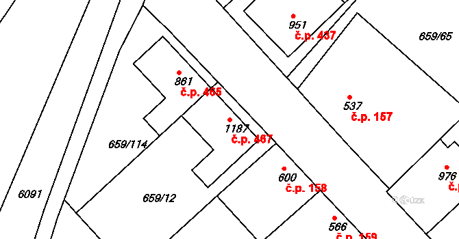 Březí 467 na parcele st. 1187 v KÚ Březí u Mikulova, Katastrální mapa