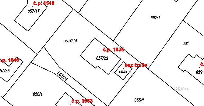 Rumburk 1 1635, Rumburk na parcele st. 657/23 v KÚ Rumburk, Katastrální mapa