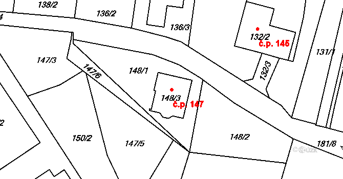 Srubec 147 na parcele st. 148/3 v KÚ Srubec, Katastrální mapa