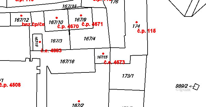 Jihlava 4673 na parcele st. 167/15 v KÚ Jihlava, Katastrální mapa