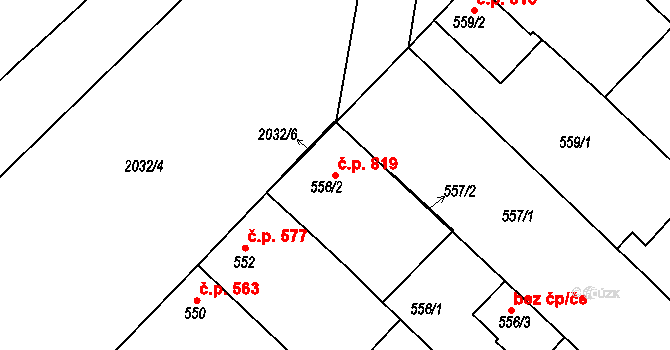 Lužice 819 na parcele st. 556/2 v KÚ Lužice u Hodonína, Katastrální mapa