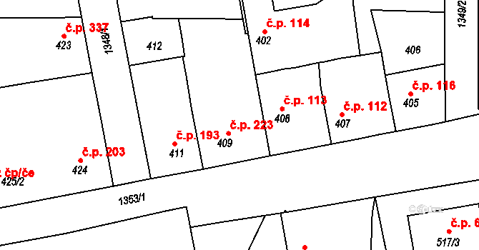 Tuchlovice 223 na parcele st. 409 v KÚ Tuchlovice, Katastrální mapa