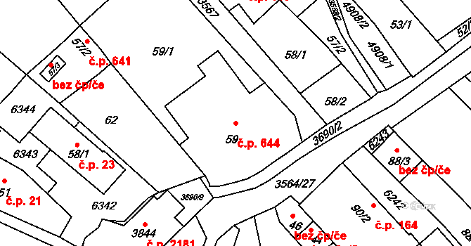 Rožnov pod Radhoštěm 644 na parcele st. 59 v KÚ Rožnov pod Radhoštěm, Katastrální mapa