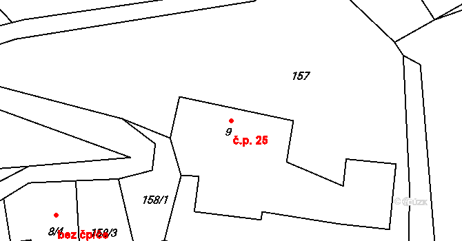 Dolní Javoří 25, Lázně Bělohrad na parcele st. 9 v KÚ Dolní Javoří, Katastrální mapa
