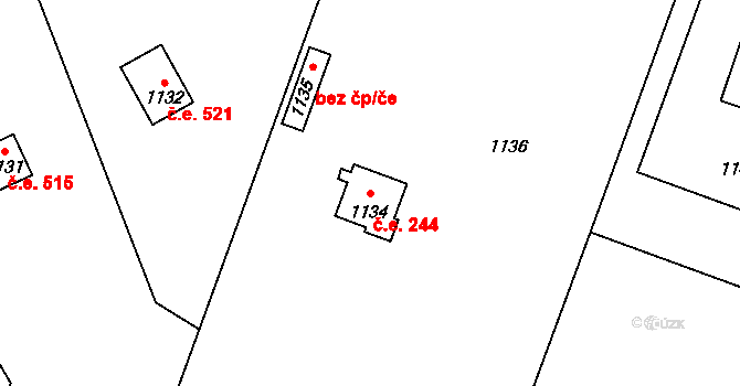 Hradištko 244 na parcele st. 1134 v KÚ Hradištko u Sadské, Katastrální mapa