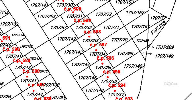 Miřetice u Klášterce nad Ohří 596, Klášterec nad Ohří na parcele st. 1707/34 v KÚ Miřetice u Klášterce nad Ohří, Katastrální mapa