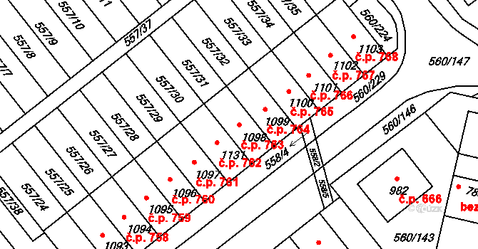 Podklášteří 763, Třebíč na parcele st. 1098 v KÚ Podklášteří, Katastrální mapa