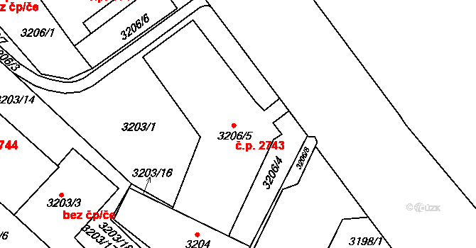 Teplice 2743 na parcele st. 3206/5 v KÚ Teplice, Katastrální mapa