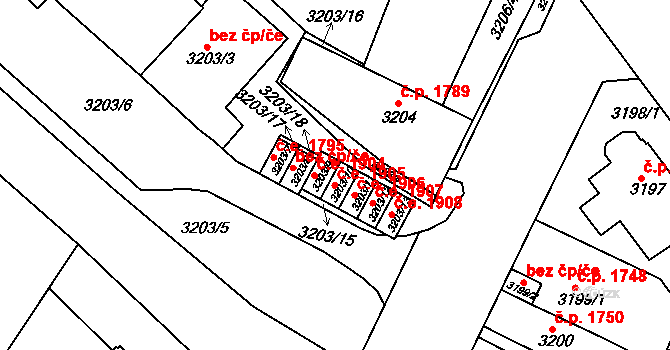 Teplice 1905 na parcele st. 3203/10 v KÚ Teplice, Katastrální mapa