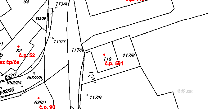 Dubí 591 na parcele st. 116 v KÚ Dubí u Teplic, Katastrální mapa