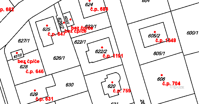 Radotín 1191, Praha na parcele st. 622/2 v KÚ Radotín, Katastrální mapa