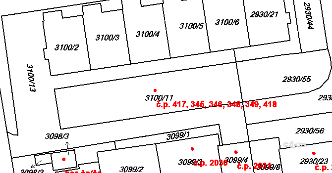 Žižkov 345,346,348,349,417,, Praha na parcele st. 3100/11 v KÚ Žižkov, Katastrální mapa
