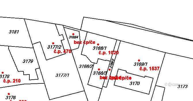 Modřany 1020, Praha na parcele st. 3168/1 v KÚ Modřany, Katastrální mapa