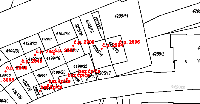 Smíchov 2904, Praha na parcele st. 4205/18 v KÚ Smíchov, Katastrální mapa