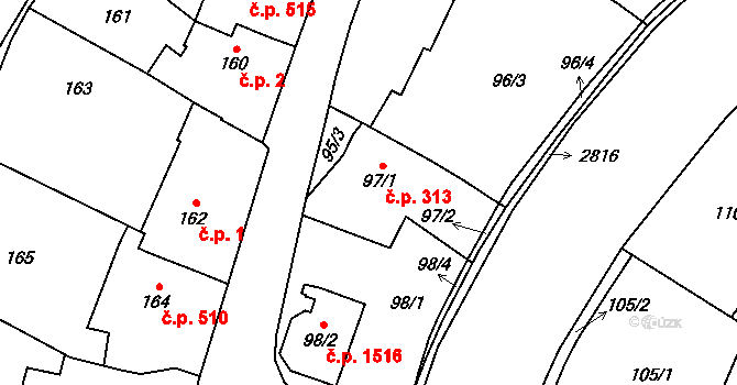Kyje 313, Praha na parcele st. 97/1 v KÚ Kyje, Katastrální mapa