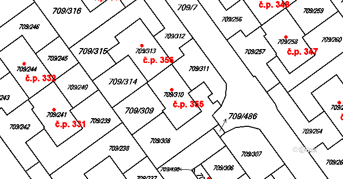 Popůvky 355 na parcele st. 709/310 v KÚ Popůvky u Brna, Katastrální mapa