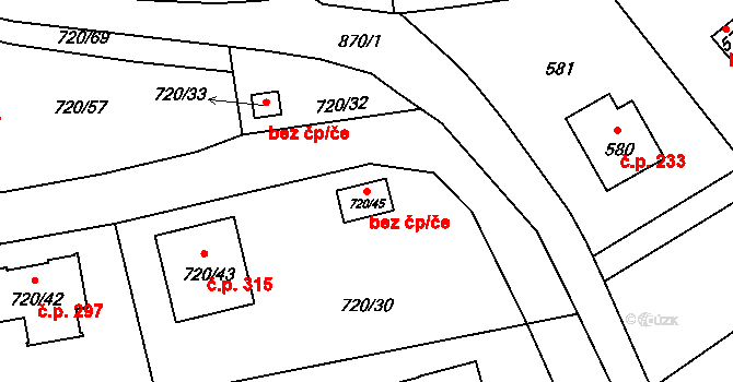 Sázava 39933253 na parcele st. 720/45 v KÚ Černé Budy, Katastrální mapa