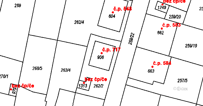 Budišov nad Budišovkou 717 na parcele st. 906 v KÚ Budišov nad Budišovkou, Katastrální mapa