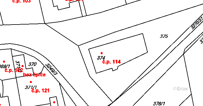 Píšť 114 na parcele st. 374 v KÚ Píšť, Katastrální mapa