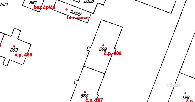 Hanušovice 208 na parcele st. 569 v KÚ Hanušovice, Katastrální mapa