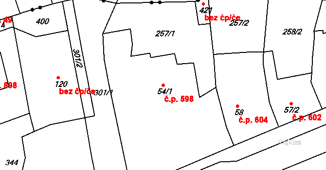 Rudná 598 na parcele st. 54/1 v KÚ Hořelice, Katastrální mapa
