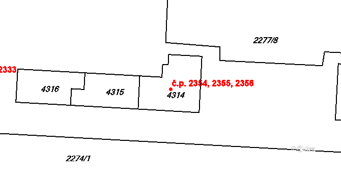 Zelené Předměstí 2354,2355,2356, Pardubice na parcele st. 4314 v KÚ Pardubice, Katastrální mapa