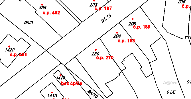 Rosice 270, Pardubice na parcele st. 280 v KÚ Rosice nad Labem, Katastrální mapa