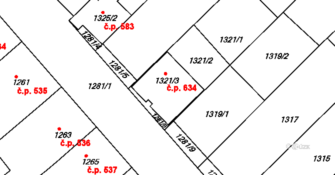 Hrušky 634 na parcele st. 1321/3 v KÚ Hrušky, Katastrální mapa