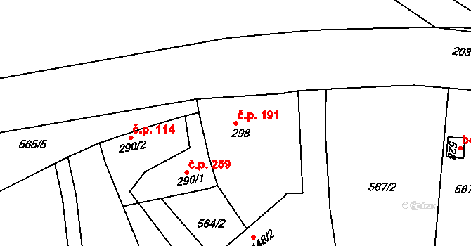 Merklín 191 na parcele st. 298 v KÚ Merklín u Přeštic, Katastrální mapa
