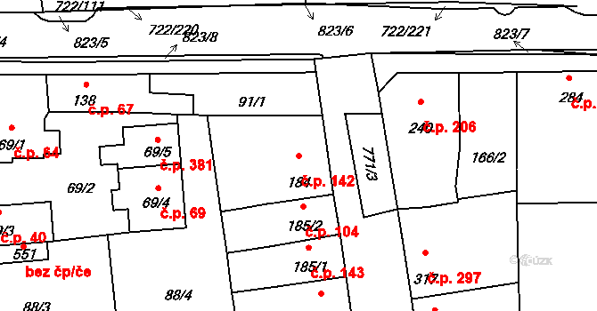 Cítoliby 142 na parcele st. 184 v KÚ Cítoliby, Katastrální mapa