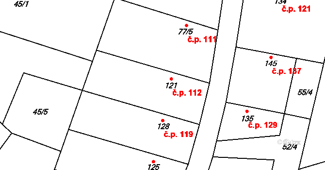 Běrunice 112 na parcele st. 121 v KÚ Běrunice, Katastrální mapa