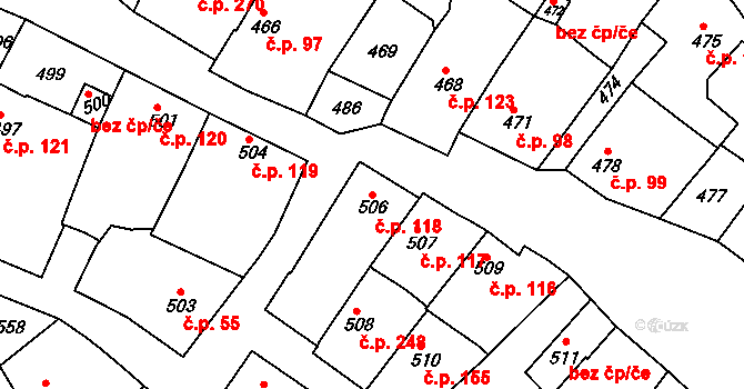 Moravský Písek 118 na parcele st. 506 v KÚ Moravský Písek, Katastrální mapa