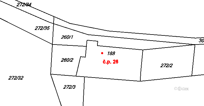 Stranný 26 na parcele st. 188 v KÚ Stranný, Katastrální mapa