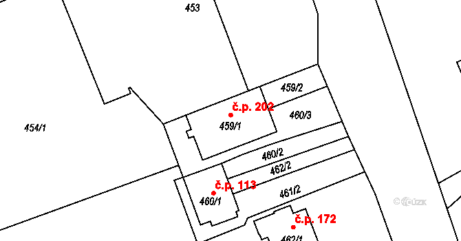 Žabeň 202 na parcele st. 459/1 v KÚ Žabeň, Katastrální mapa