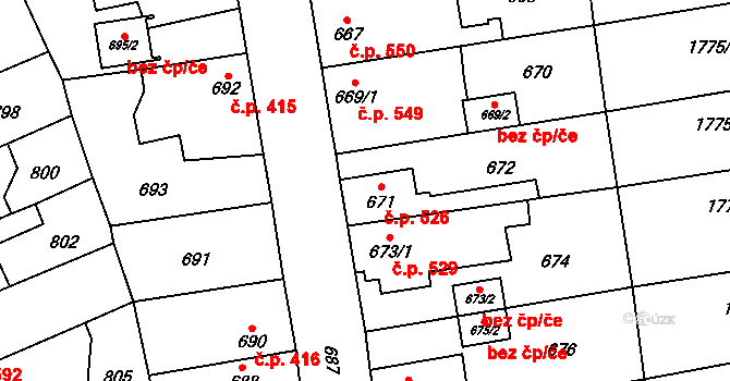Kosmonosy 526 na parcele st. 671 v KÚ Kosmonosy, Katastrální mapa